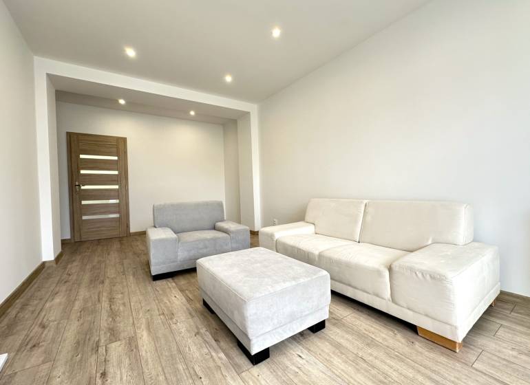Helles Wohnzimmer in einer 2-Zimmer-Wohnung mit beigen Möbeln und Holzboden.