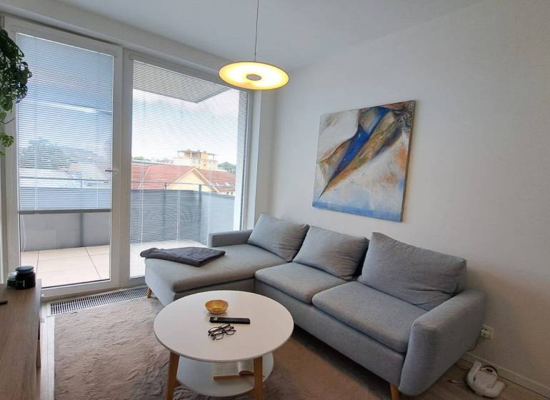 Gemütliches Wohnzimmer mit Ecksofa und Kunst in einer 2-Zimmer-Wohnung.