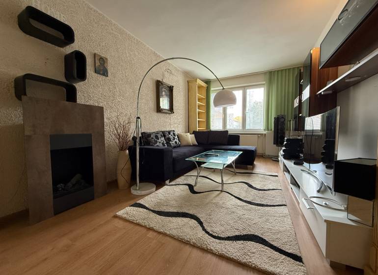 Wohnzimmer in einer 2-Zimmer-Wohnung mit Sofa, Kamin und Fernseher.