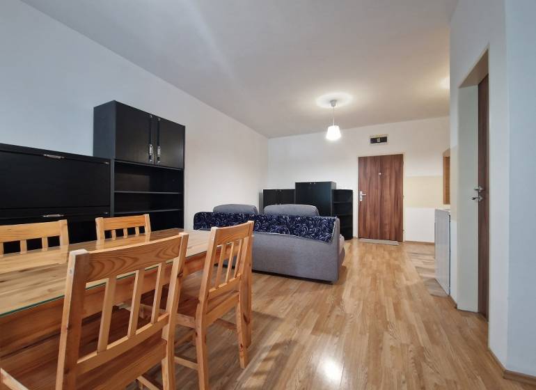 Innenraum einer Einzimmerwohnung mit Holztisch, Sofa und Schränken.