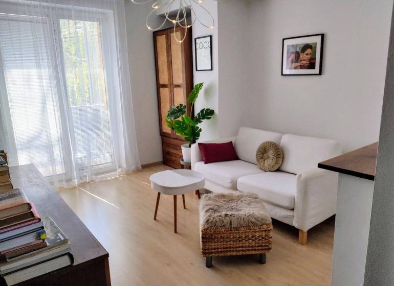 Wohnzimmer in einer 2-Zimmer-Wohnung mit weißem Sofa und Pflanze.