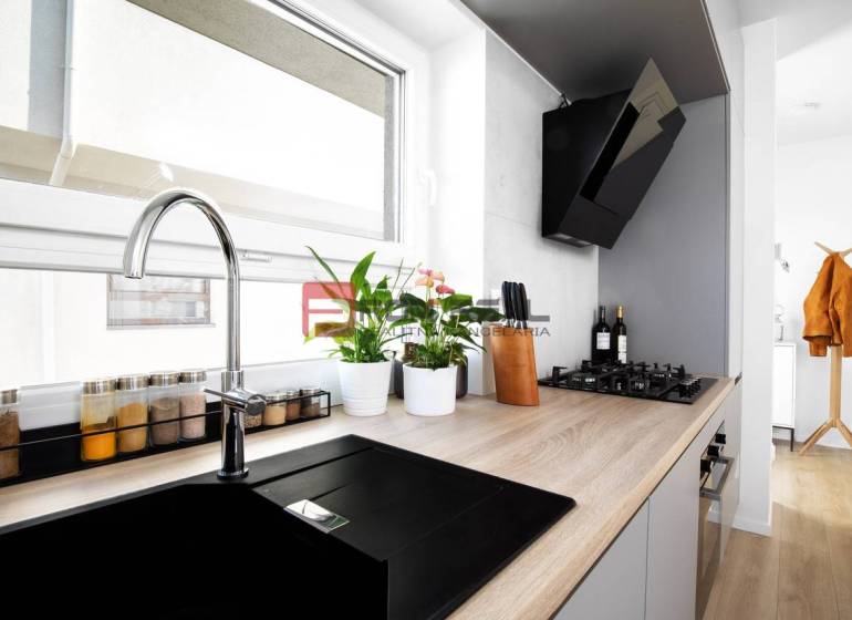 Küche in einer 3-Zimmer-Wohnung mit eingebautem Kochfeld und Pflanzen auf der Fensterbank.