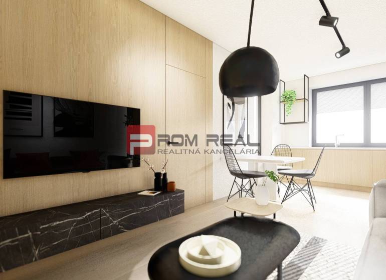 Wohnzimmer einer Zweizimmerwohnung mit Fernseher, Esstisch und Holzelementen.