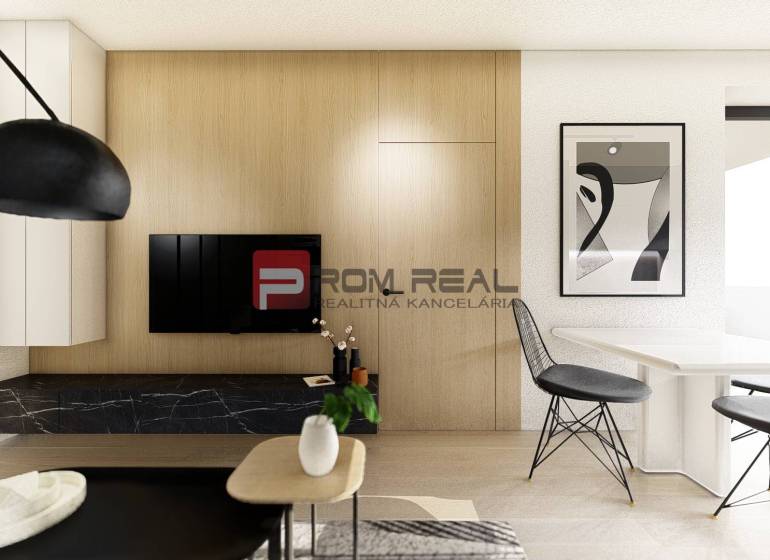 Wohnzimmer in einer 2-Zimmer-Wohnung mit Holzwand, Fernseher, Esstisch und Dekorationen.