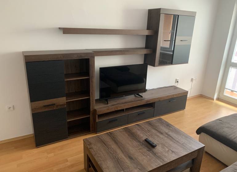 Wohnzimmer mit dunklen Möbeln und Holzboden in einer Zweizimmerwohnung.