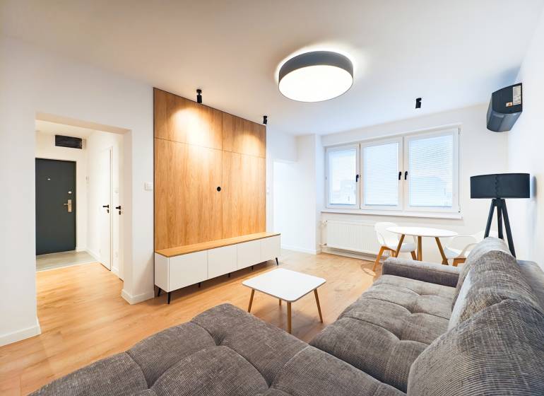 Wohnzimmer mit Sofa, Esstisch, Holzboden-Dekor in einer 2-Zimmer-Wohnung.