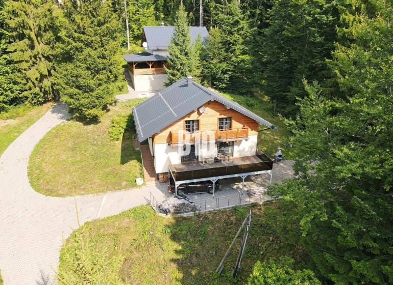 Eine Hütte in Terchová, umgeben von Wald, mit einer Sonnenterrasse und einem Zugangsweg.