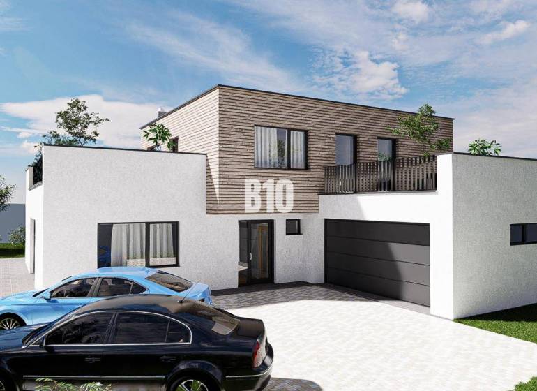 Einfamilienhaus mit einem Stockwerk, Garage und zwei Autos, umgeben von Grün.