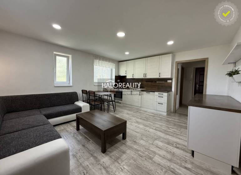 Wohnzimmer mit Küchenzeile, grauem Sofa und Esstisch in einer 3-Zimmer-Wohnung.