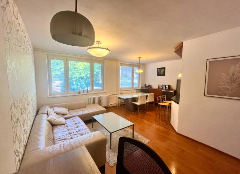 Obývačka in einer 3-Zimmer-Wohnung mit Sofa, Tisch und Essecke.