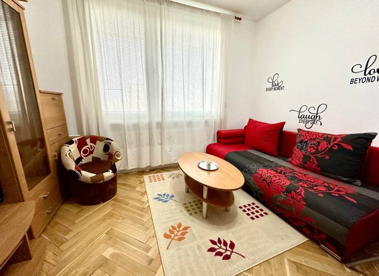 Ein Studio mit einem Boden in Holzoptik, einem roten Sofa und einem Sessel.