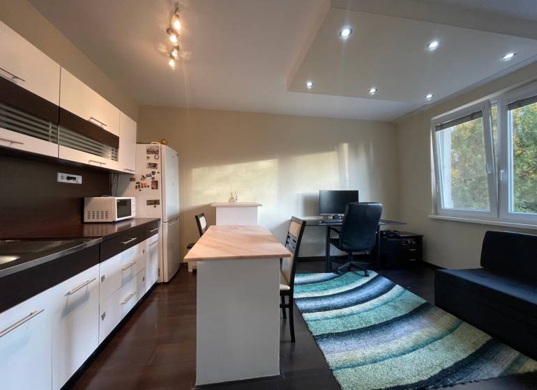 Küche in einer Einzimmerwohnung mit Holzboden und Arbeitsecke.