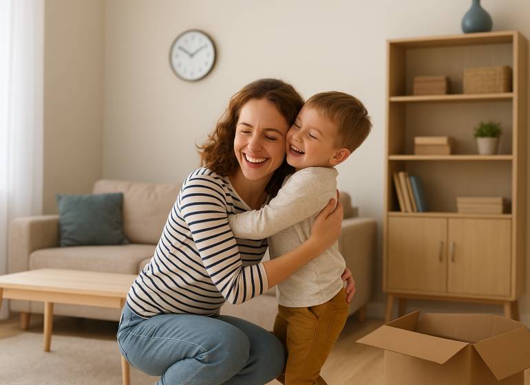 Eine Frau mit einem Kind in den Armen in einer Einzimmerwohnung mit einem Holzboden.