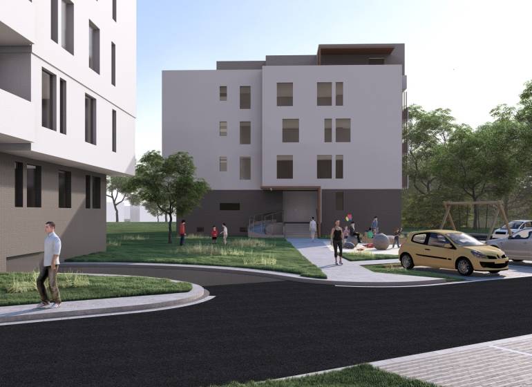 Ein Gebäude in Galanta, Umgebung mit Menschen, Autos und einem Spielplatz, Angebot einer 2-Zimmer-Wohnung.