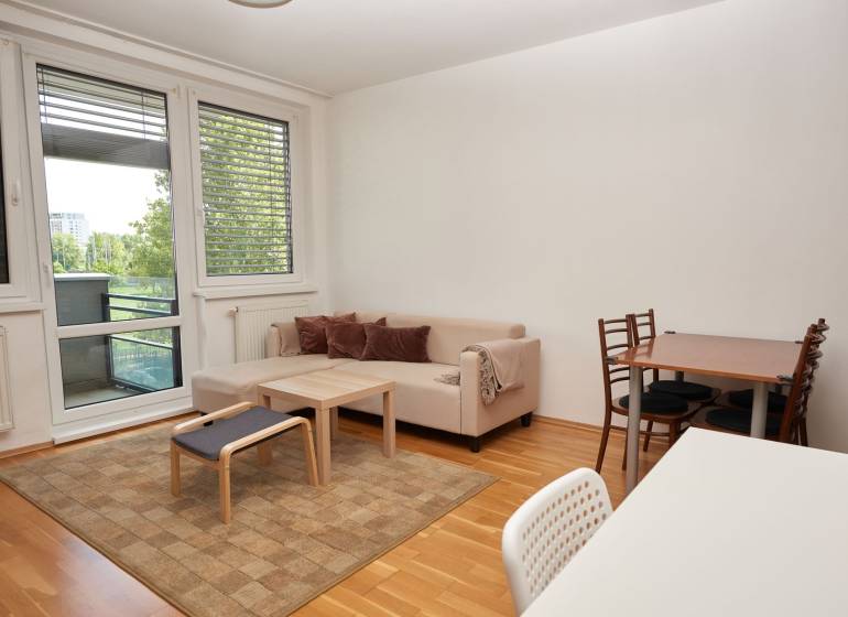 Wohnzimmer mit Sofa, Esstisch und Holzboden in einer Zweizimmerwohnung.