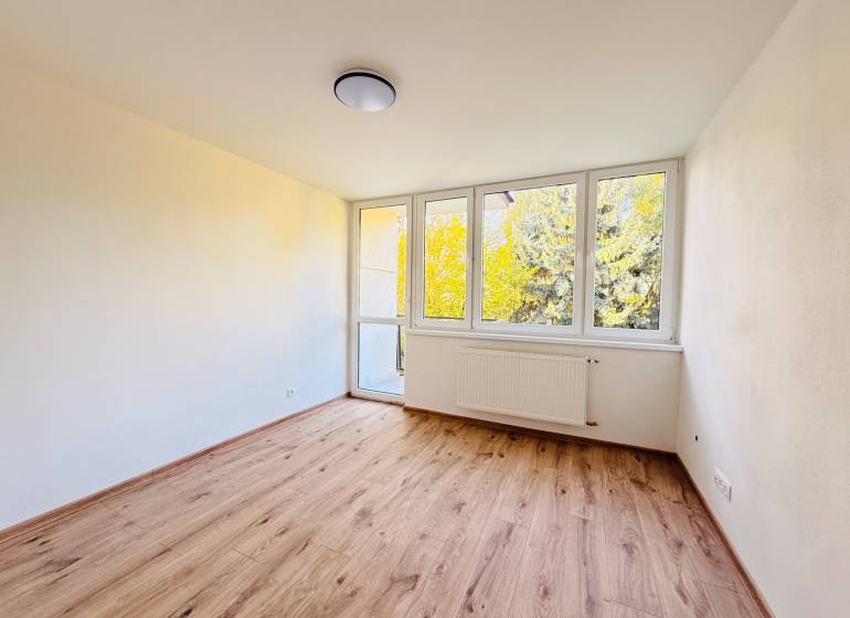 Ein Zimmer mit großen Fenstern und einem Boden in Holzoptik in einer 3-Zimmer-Wohnung.