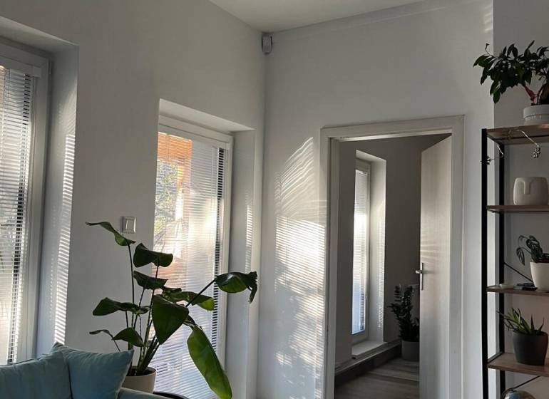 Helles Wohnzimmer mit Pflanzen, Sofa und Holzdekorboden in einer 4-Zimmer-Wohnung.