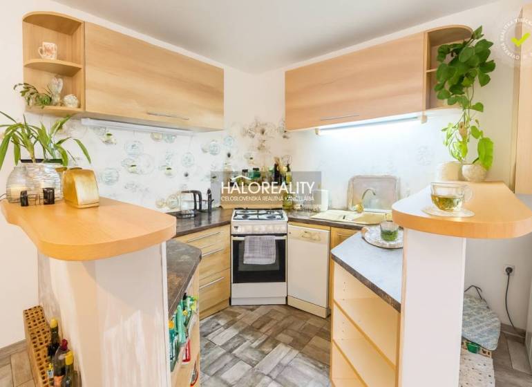 Eine Küche in einem Einfamilienhaus mit einer Eckküche und Holzmuster, dekorativen Pflanzen auf den Regalen.