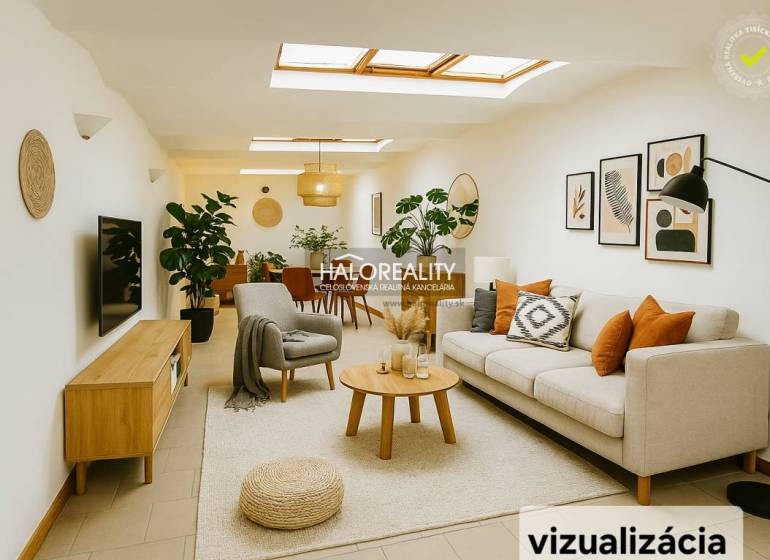 Heller Geschäftsraum mit Sofa, Pflanzen und Wanddekorationen.