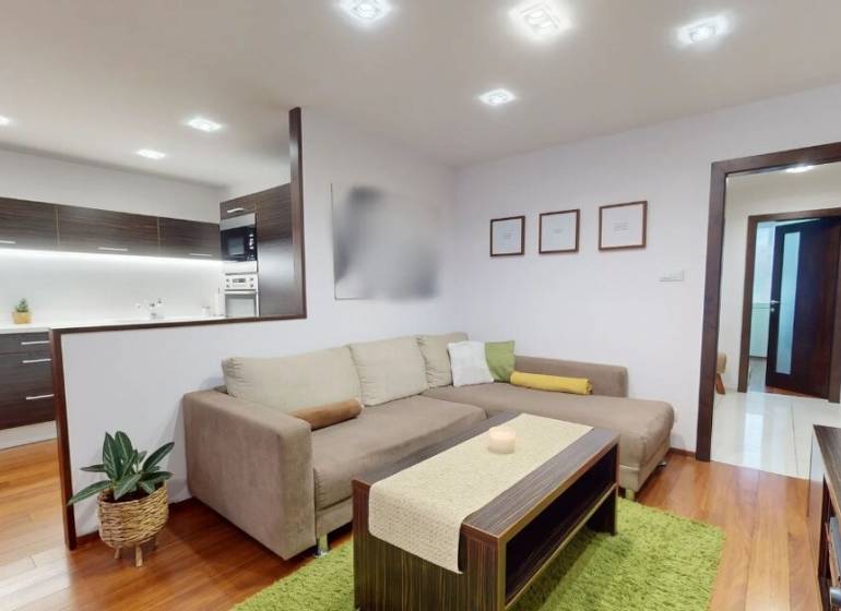 Wohnzimmer in einer 3-Zimmer-Wohnung mit Holzboden und einer bequemen Couch.