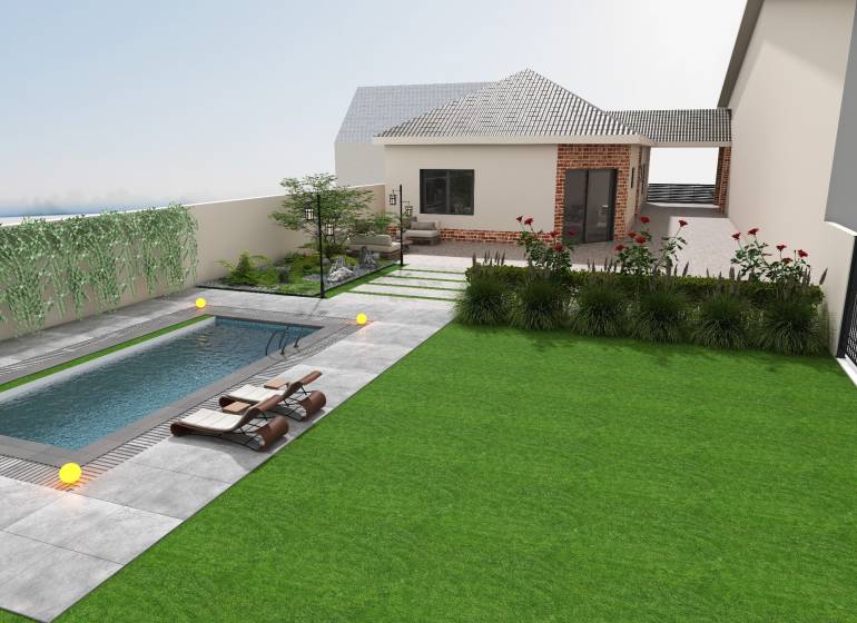 Ein Einfamilienhaus in Cífer mit Pool, Terrasse, Garten und Liegestühlen.