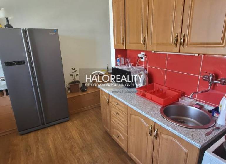 Küche in einer Einzimmerwohnung mit Holzschränken, roten Fliesen und einem großen Kühlschrank.