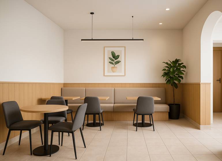 Moderne Sitzecke mit Wand in Holzdekor und Pflanze in einer Zweizimmerwohnung.