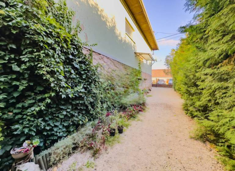 Der Garten beim Einfamilienhaus in Betliar mit reichem Bewuchs und Blumendekorationen.