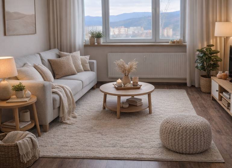 Wohnzimmer in einer 3-Zimmer-Wohnung mit Holzboden und bequemen Sitzgelegenheiten.