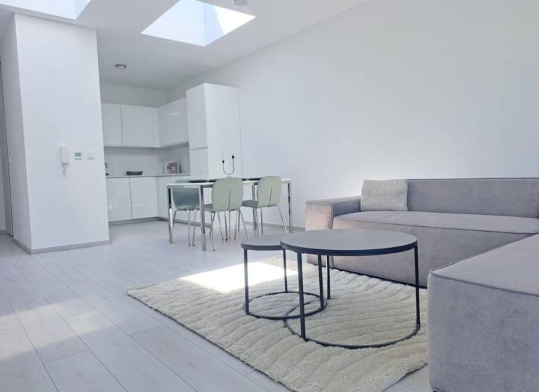 Helles Wohnzimmer mit Küche, Sofa und Holzboden in einer 2-Zimmer-Wohnung.