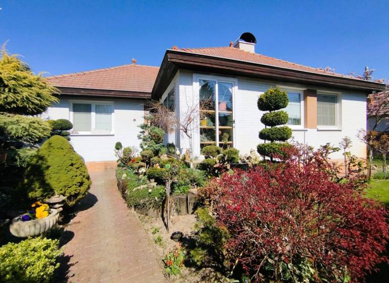 Ein Einfamilienhaus in Šaľa mit gepflegtem Garten, Gehweg und Grünflächen unter blauem Himmel.