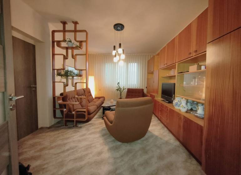 Wohnzimmer in einer 3-Zimmer-Wohnung mit braunem Sofa und Holzmöbeln.
