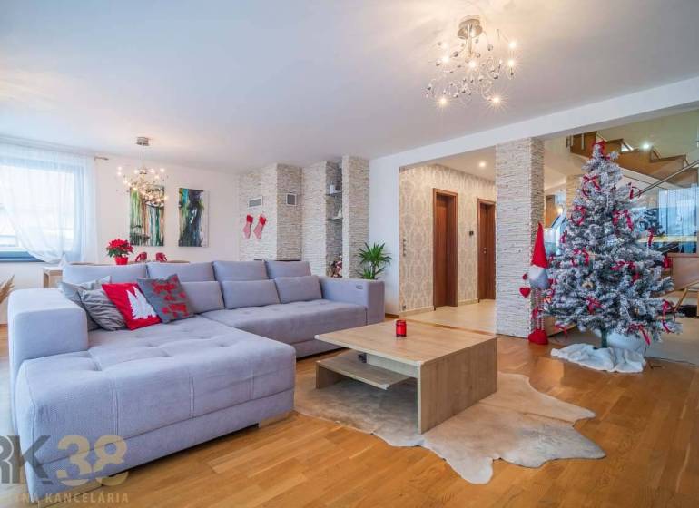 Wohnzimmer eines Einfamilienhauses mit Sofa, Weihnachtsbaum und Holzboden.