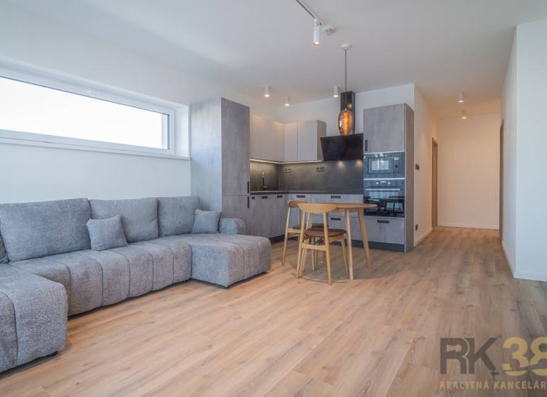 Wohnzimmer in einer Zweizimmerwohnung mit grauem Sofa und Küche mit Holzmöbeln.