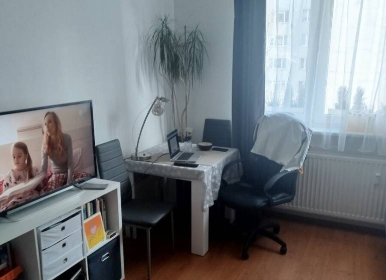 Einzimmerwohnung mit Tisch, Stühlen, Bücherregal und Fernseher; Boden mit Holzdekor.