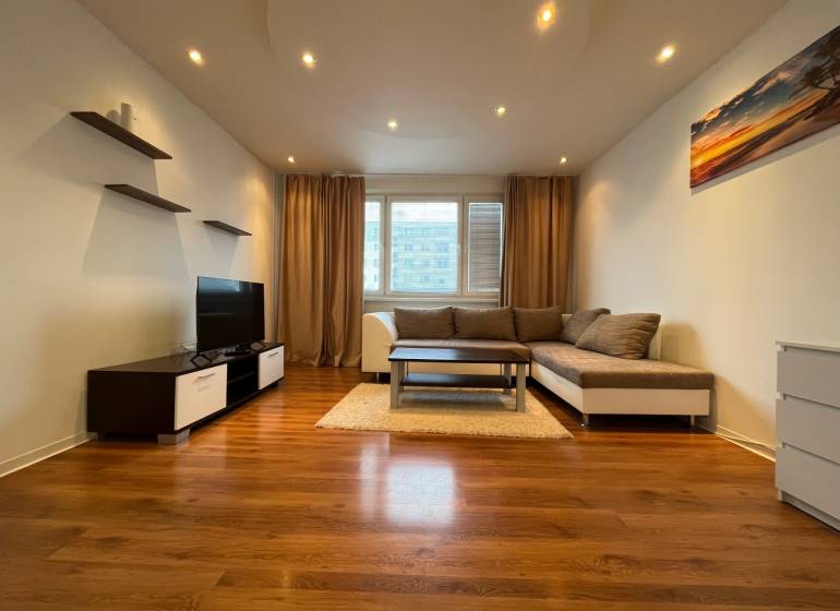 Wohnzimmer mit Holzboden, Sofa und Fernseher in einer 3-Zimmer-Wohnung.