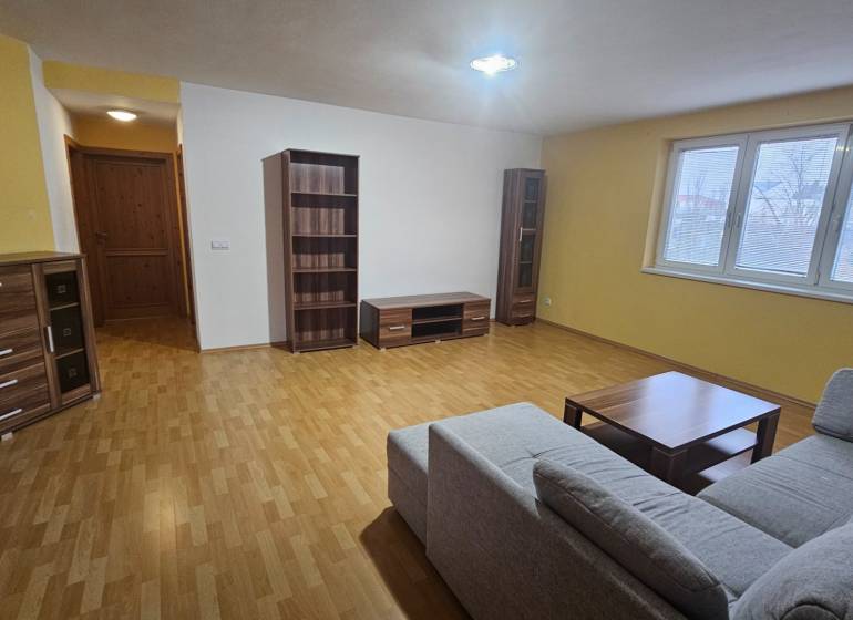 Großes Wohnzimmer in einer 3-Zimmer-Wohnung mit bequemer Couch und Holzelementen.