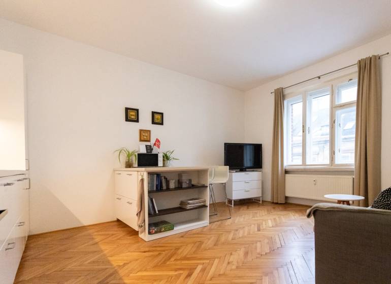 Wohnzimmer in einer 2-Zimmer-Wohnung mit hellen Möbeln und einem Boden in Holzoptik.