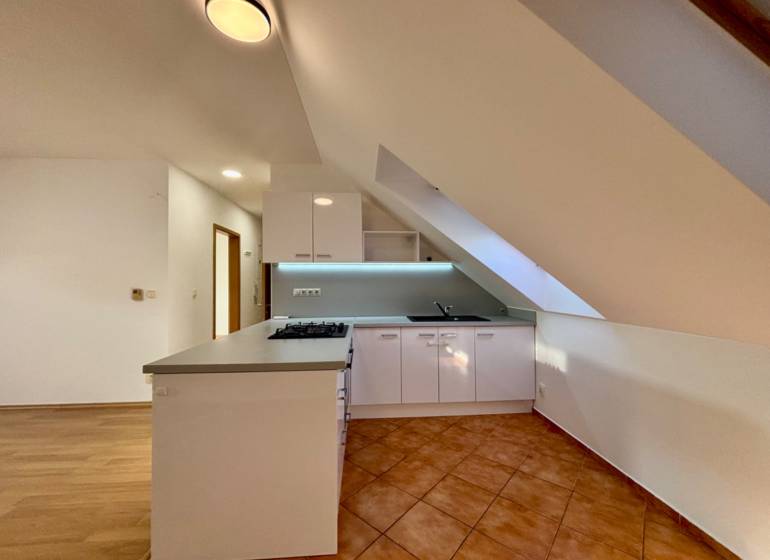 Küche in einer 2-Zimmer-Wohnung mit Küchenzeile und Boden aus Keramikfliesen.