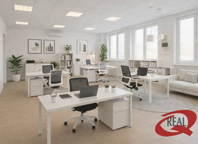 Büros mit Holzboden, Schreibtischen, Stühlen und Pflanzen.