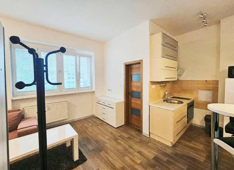 Ein Studio-Apartment mit Küchenzeile, Holzboden und Sitzbereich bietet einen gemütlichen Raum.