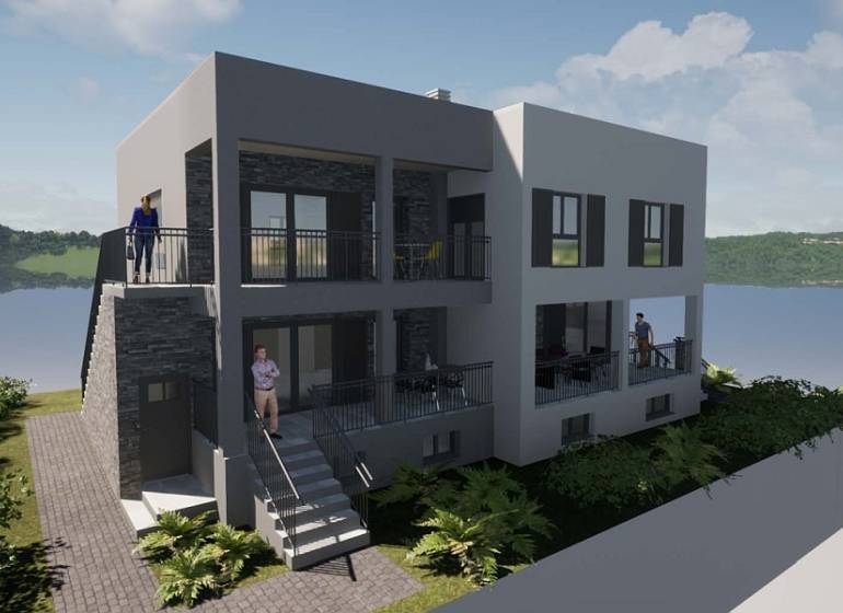 Ferienwohnung auf Čiovo mit Blick auf das Wasser und Grün im Hintergrund.