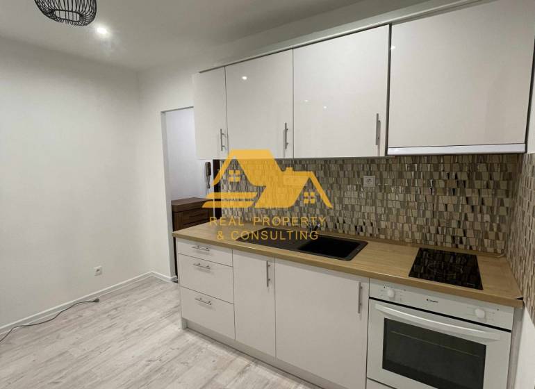 Küche in einer Einzimmerwohnung mit heller Küchenzeile und Boden in Holzoptik.