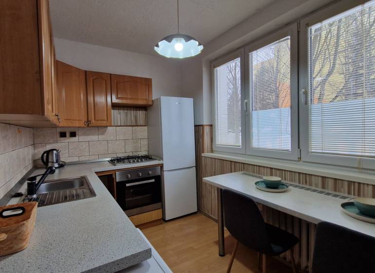 Küche in einer 2-Zimmer-Wohnung mit Geräten und Boden in Holzoptik.