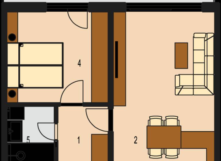 Grundriss einer 2-Zimmer-Wohnung mit Balkon, Wohnzimmer, Küche, Schlafzimmer, Badezimmer und WC.