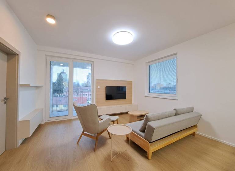 Wohnzimmer in einer 2-Zimmer-Wohnung mit Holzboden, Fernseher und Ausblick.