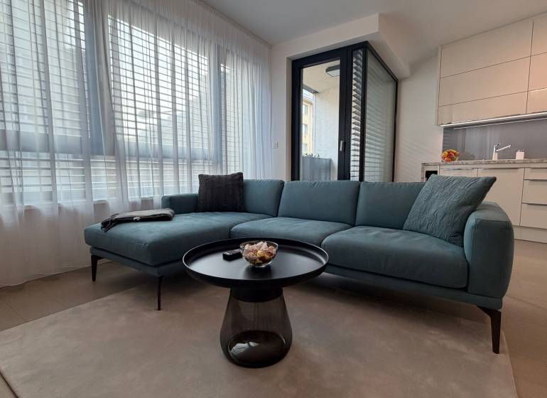 Wohnzimmer mit Sofa, Tisch und Küchenzeile in einer 2-Zimmer-Wohnung.