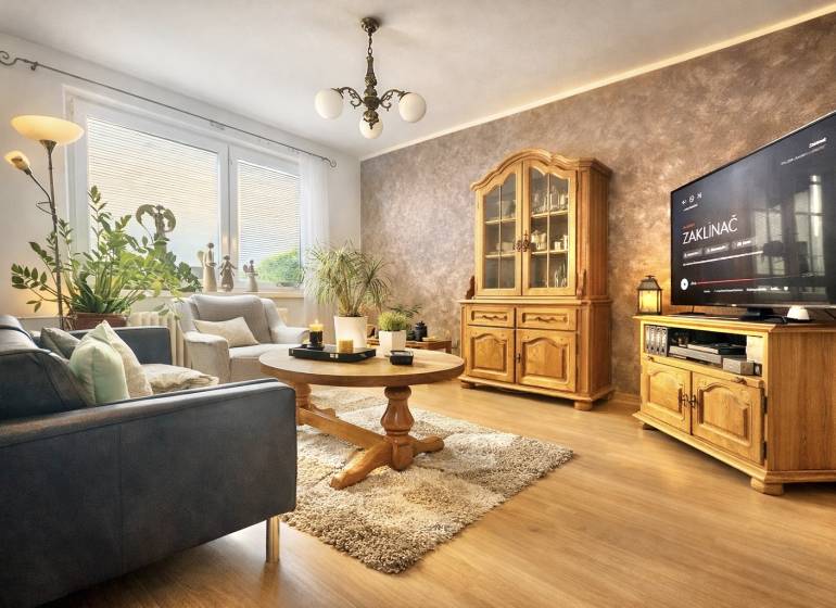 Wohnzimmer mit Sofa, Holzmöbeln und Boden mit Holzdekor in einer 4-Zimmer-Wohnung.