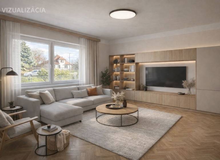 Wohnzimmer in einem Einfamilienhaus mit einer bequemen Sitzgarnitur und einem Boden in Holzoptik.