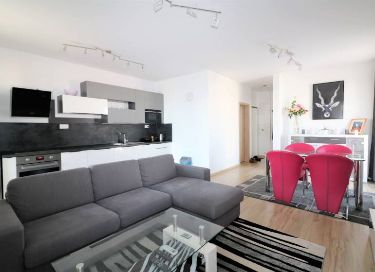 Wohnzimmer mit Küchenzeile, grauem Sofa, Glastisch und roten Stühlen.